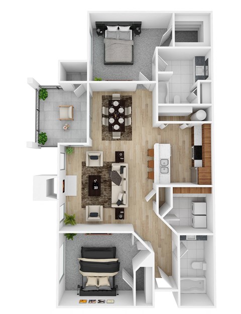 Floor plan for 2 beds, 2 baths, 1136 sqft